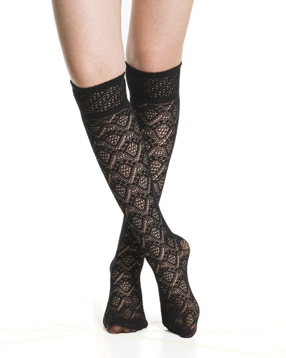 Black coloured crochet lace net style fashion knee-high socks