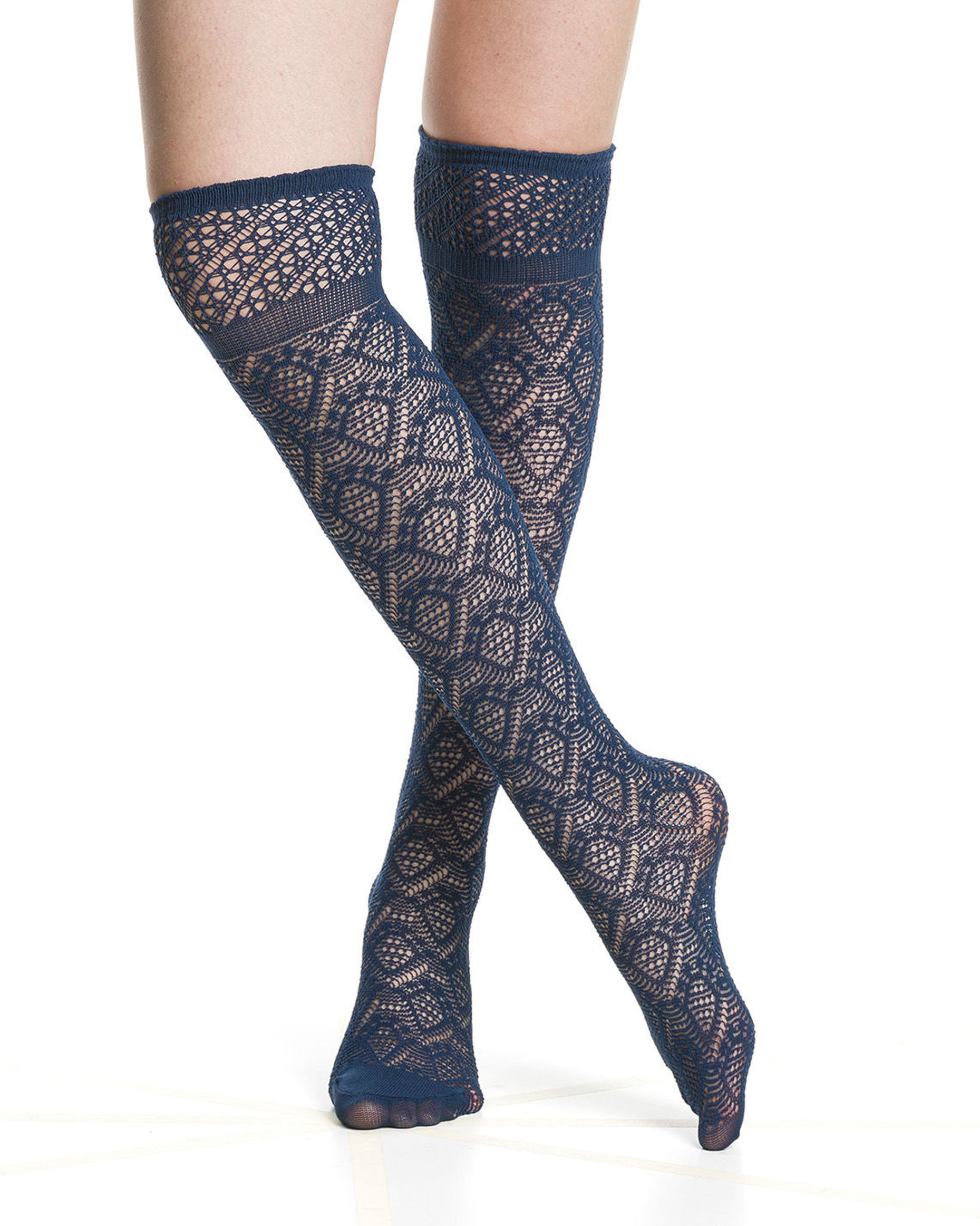 Navy blue coloured crochet lace net style fashion knee-high socks