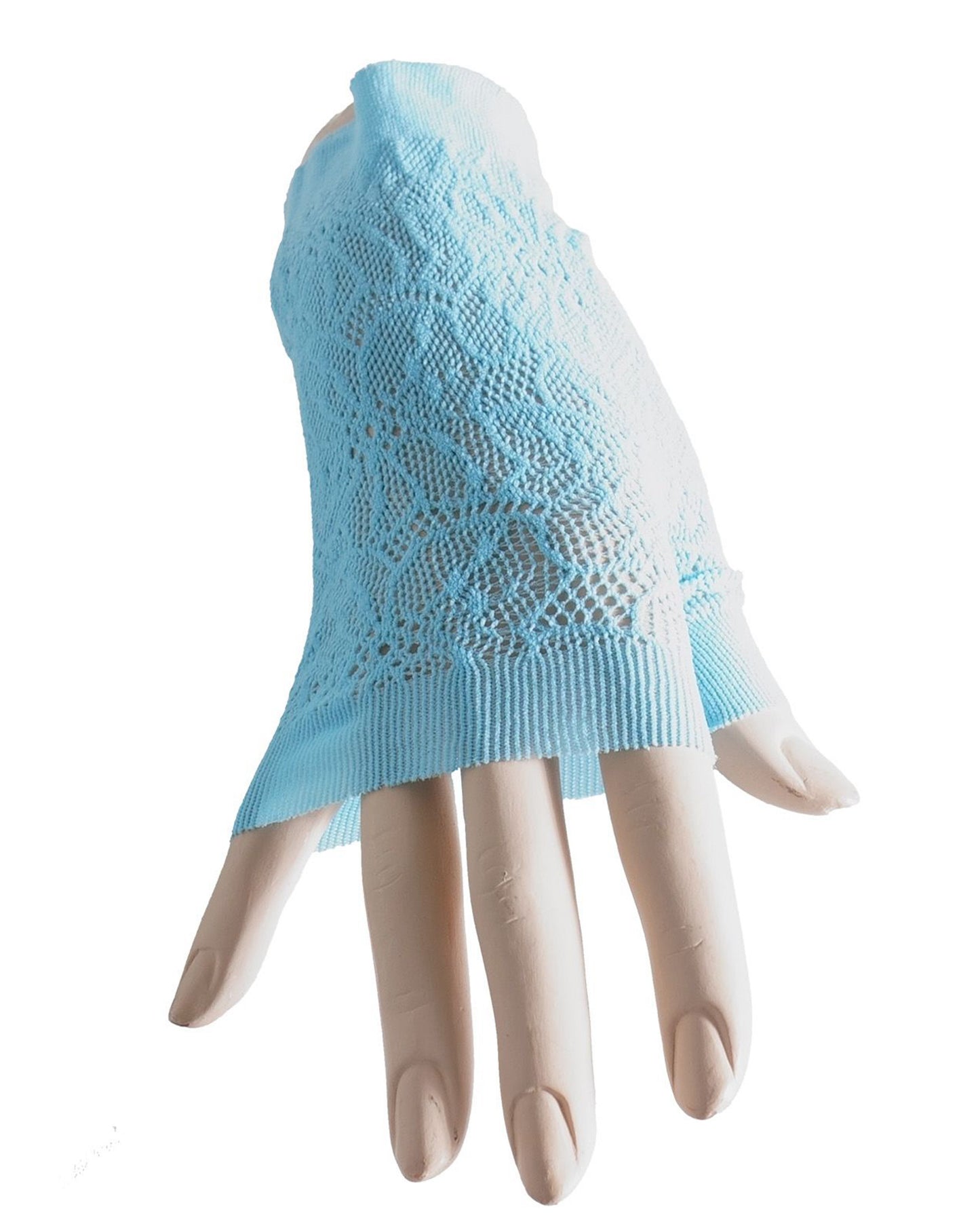 Trasparenze Hail Gloves - Light blue openwork floral lace fingerless wrist length gloves.