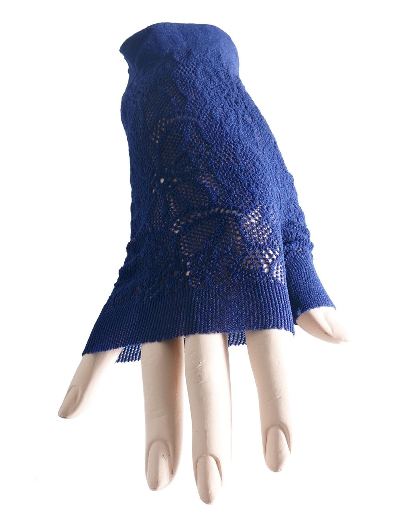 Trasparenze Hail Gloves - Light navy openwork floral lace fingerless wrist length gloves.