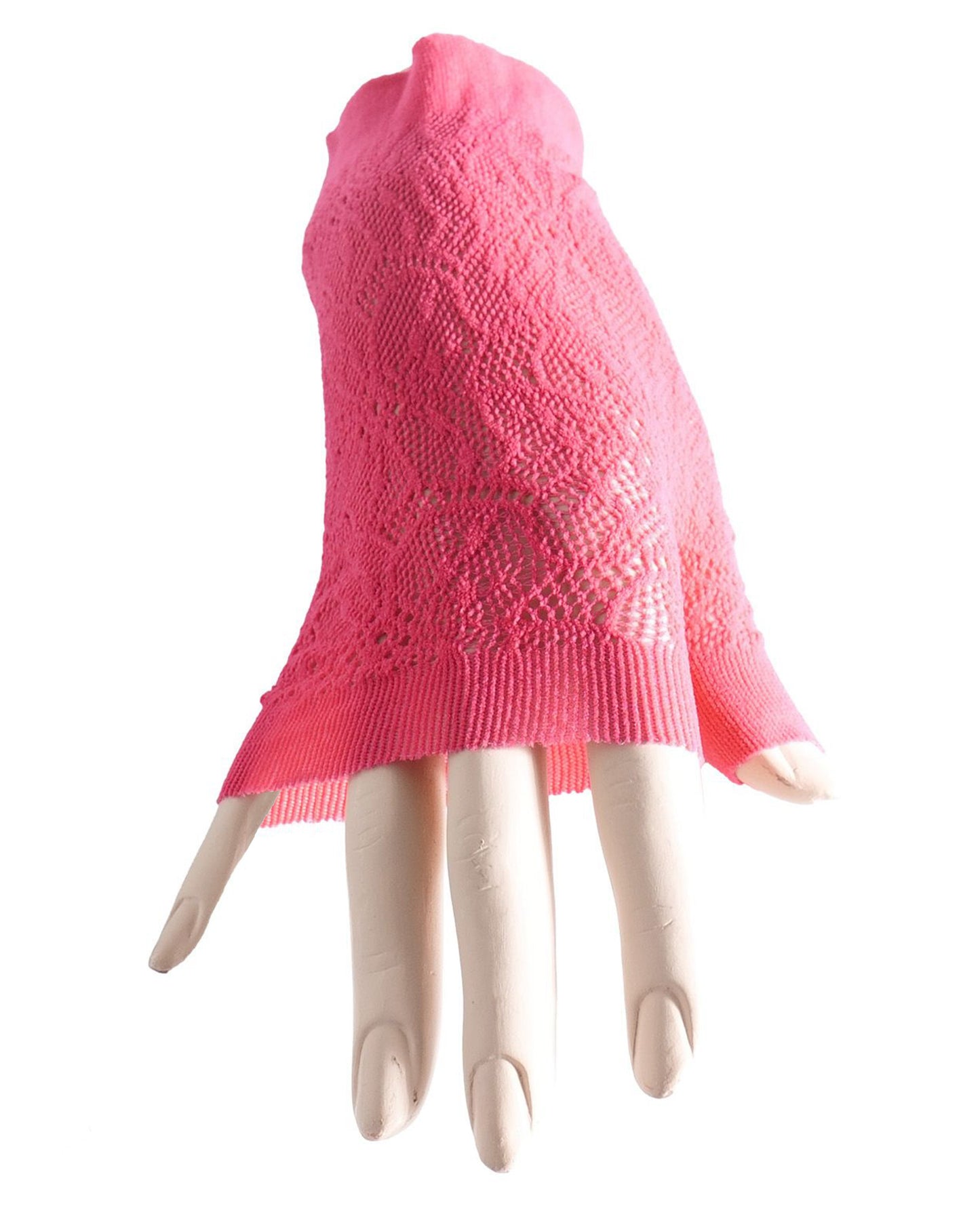 Trasparenze Hail Gloves - Coral pink openwork floral lace fingerless wrist length gloves.