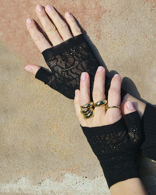 Trasparenze Hail Gloves - Black openwork floral lace fingerless wrist length gloves.