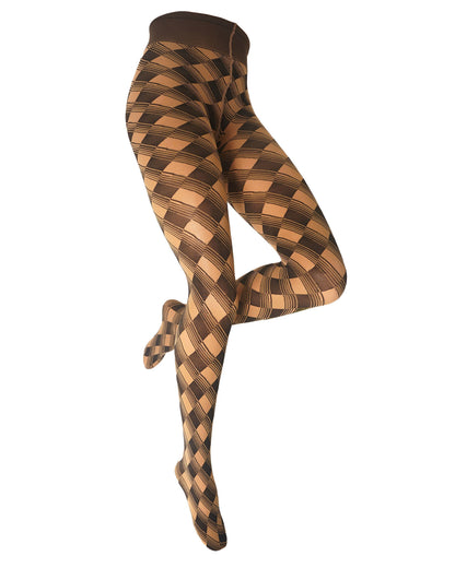 A pair of patterned tights with a black and camel checkerboard design, shown on a cropped model leg against a plain white background.
