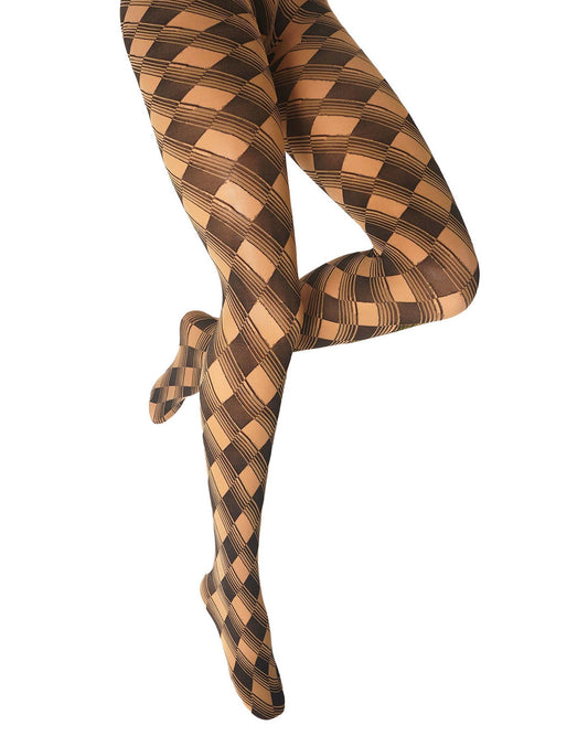 A pair of legs wearing patterned tights with a black and tan diamond check design, shown against a plain white background.