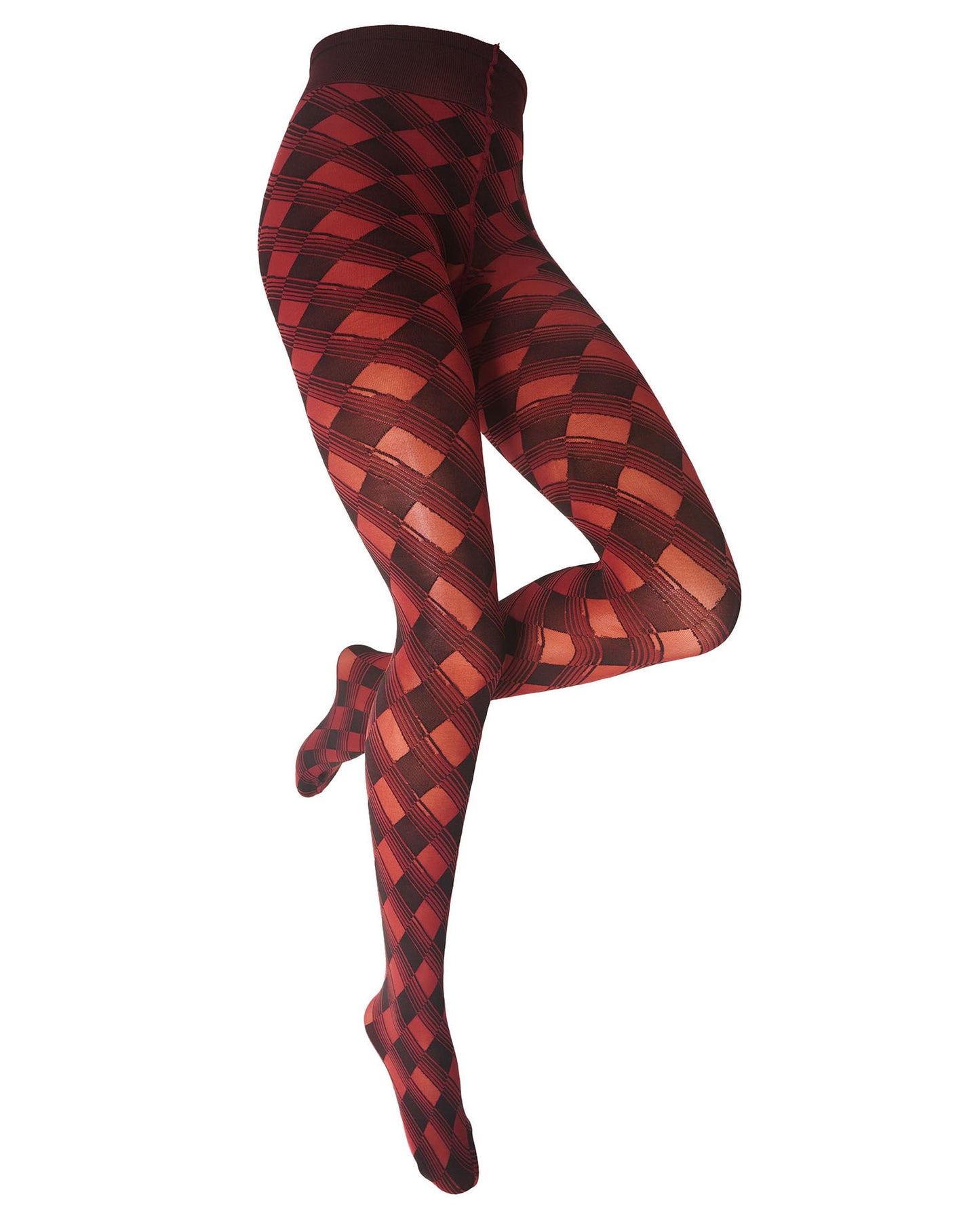 Red and black diamond-patterned tights shown on a cropped lower-body mannequin against a plain white background.