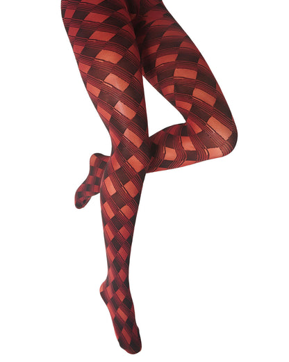 Red and black harlequin patterned tights shown on a model's legs against a plain white background.