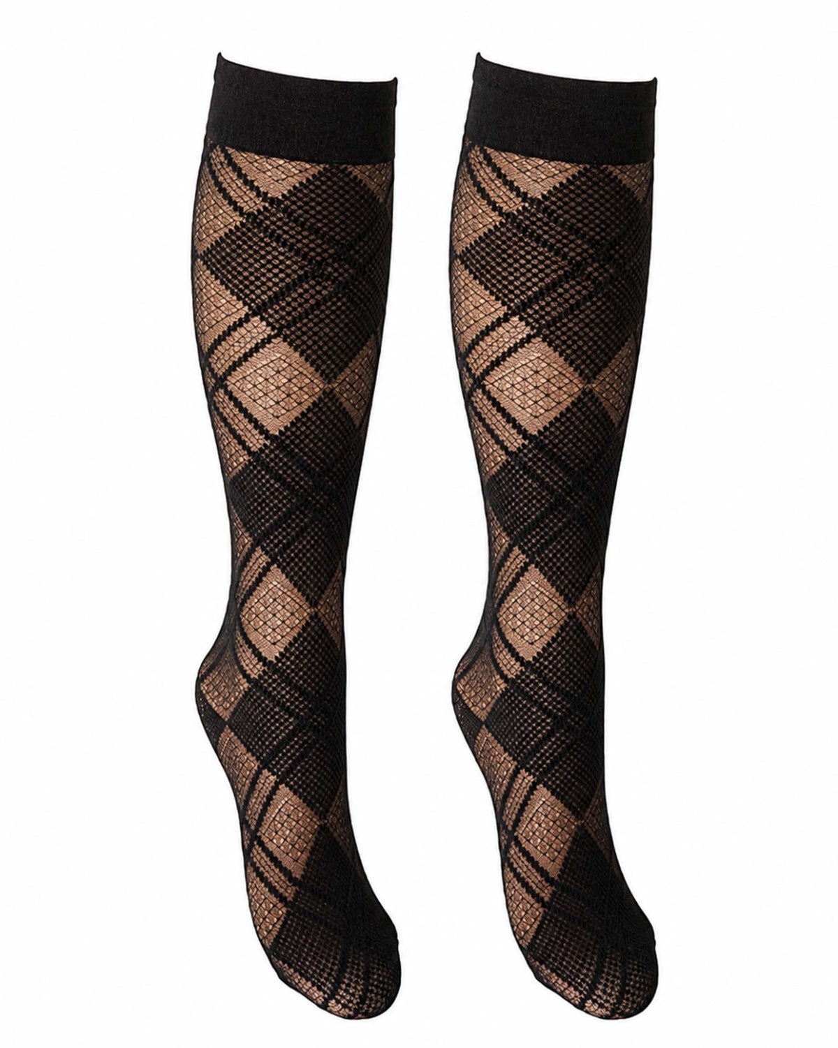 A pair of black knee-high socks with a sheer argyle pattern, displayed on invisible forms against a plain white background.