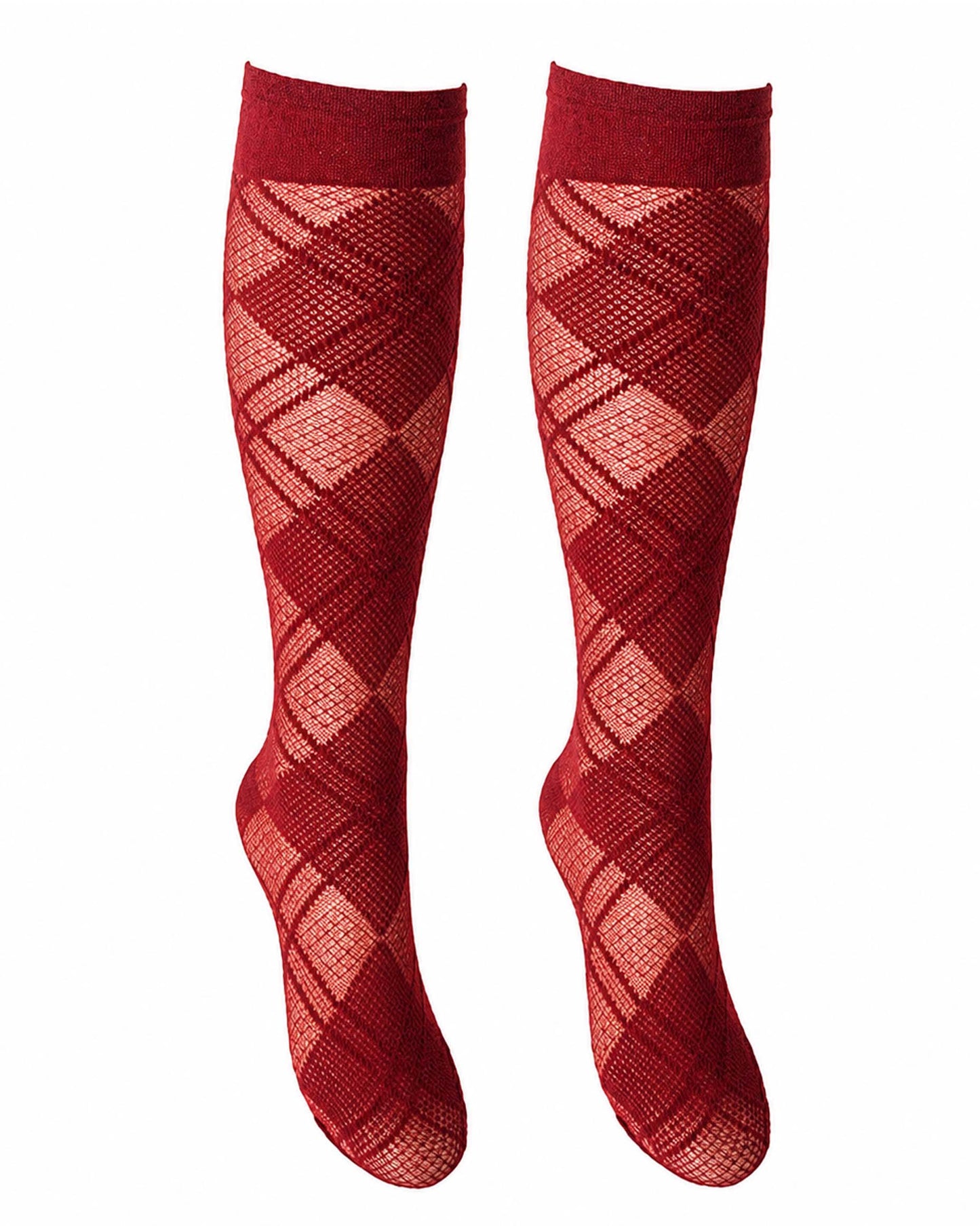 A pair of knee-high knit socks with an argyle pattern in shades of red and burgundy, shown against a plain white background.