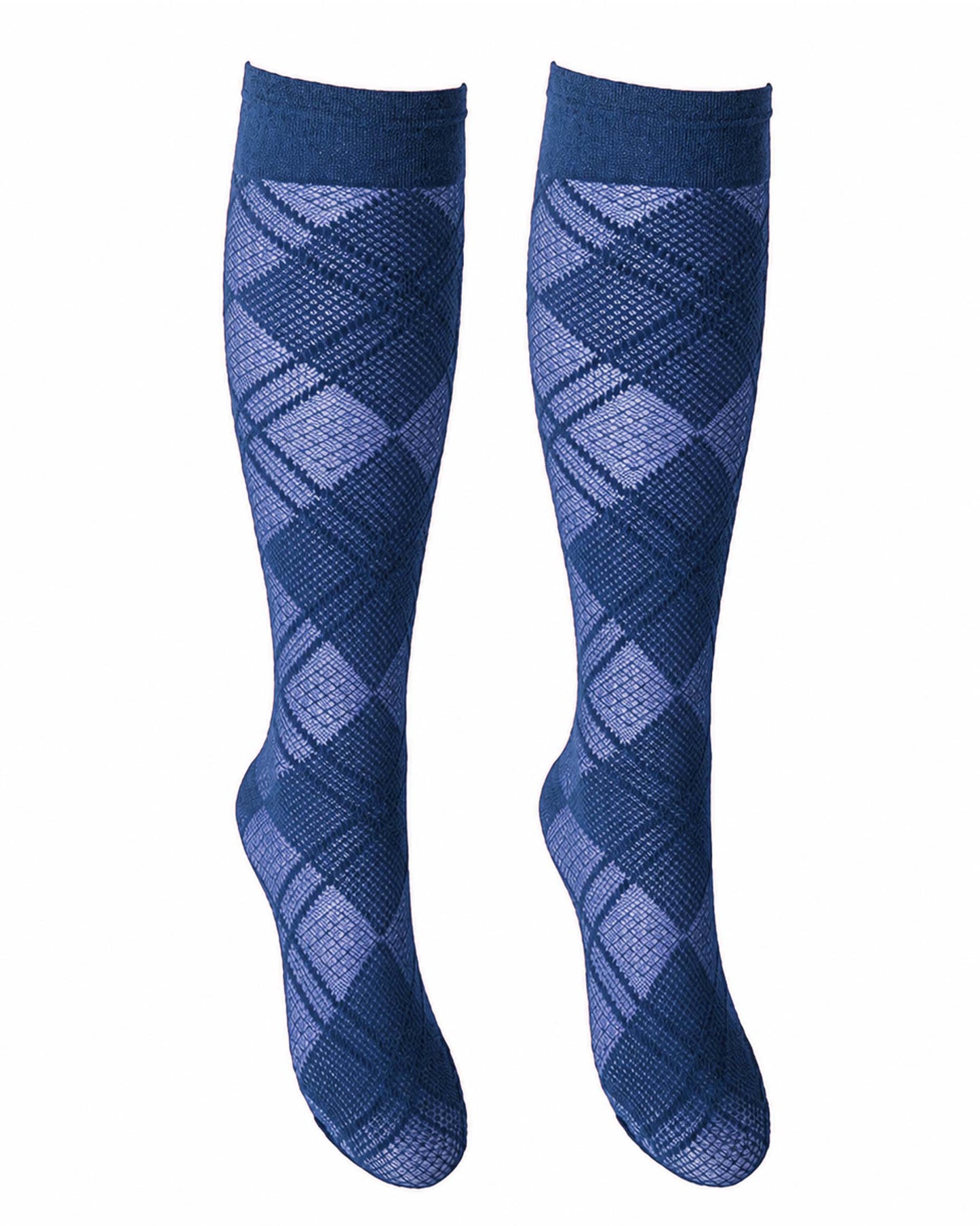 A pair of knee-high socks with a blue and purple argyle pattern, shown against a plain white background.