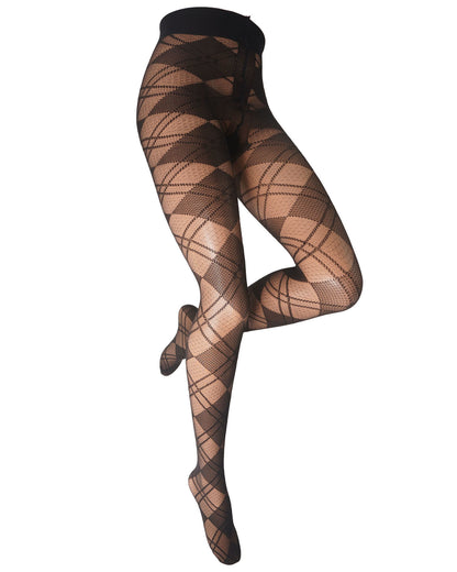 A pair of sheer black argyle tights modeled on a headless mannequin leg form against a plain white background.