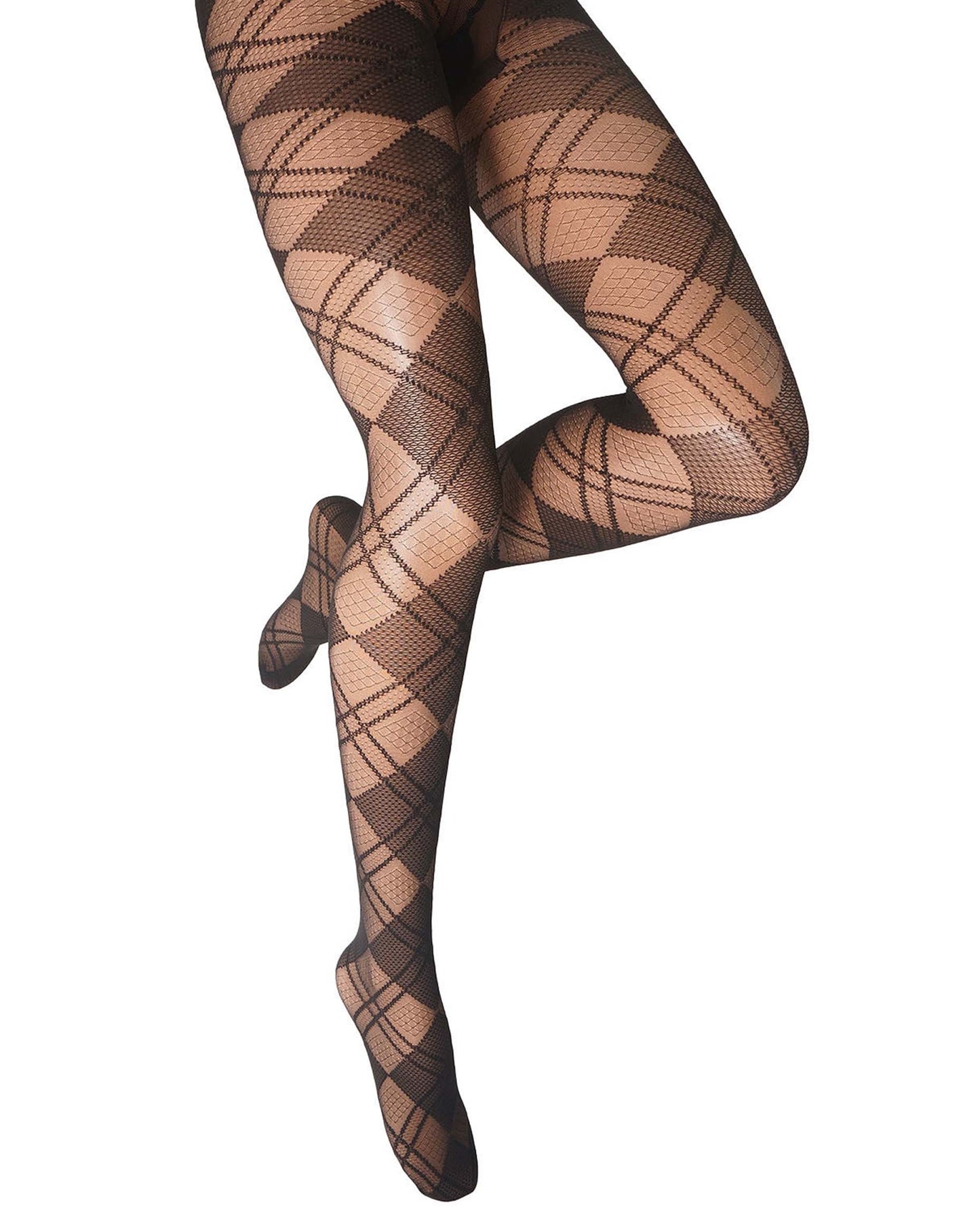 A pair of sheer black argyle tights worn on a model's legs, shown against a plain white background.
