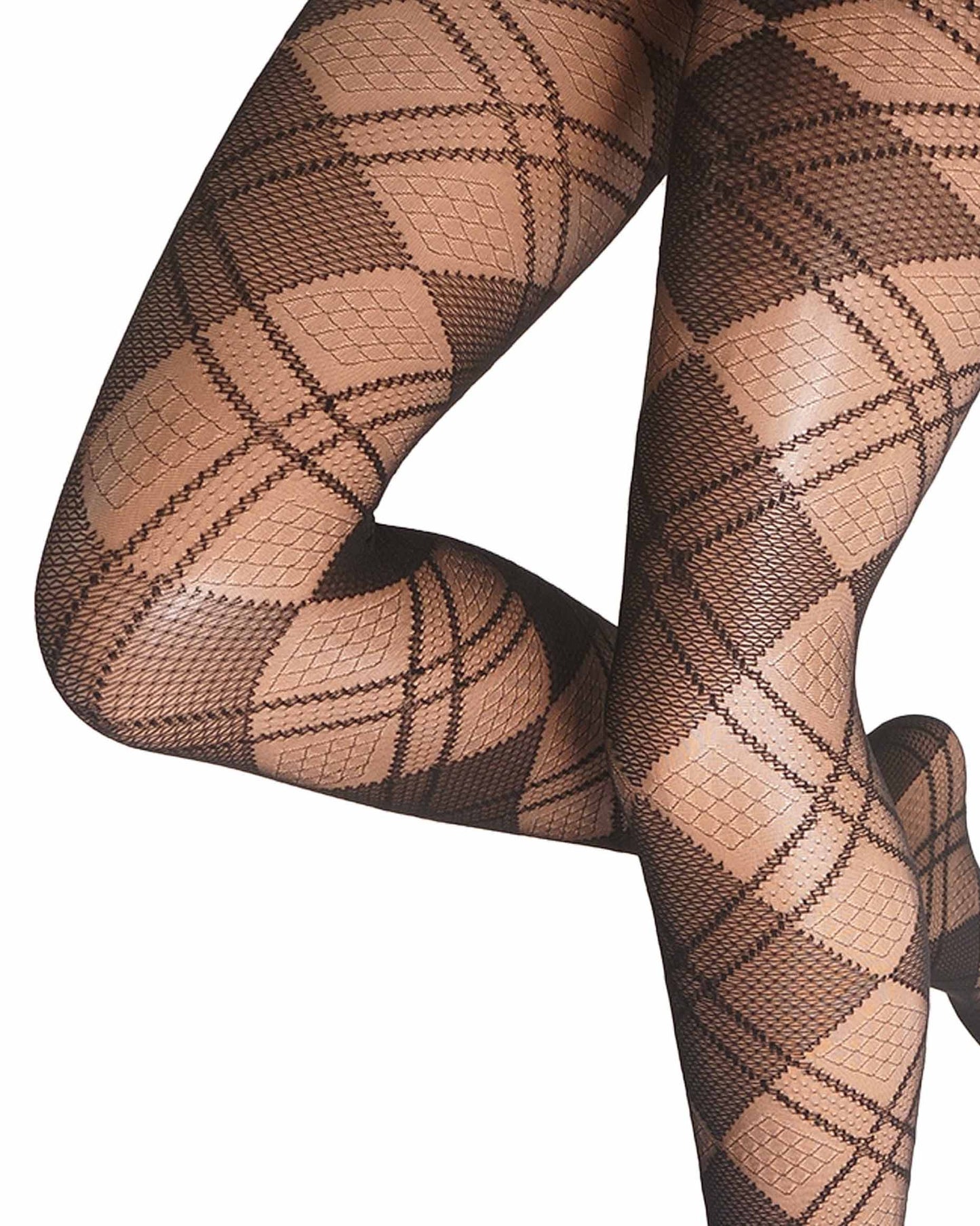 Close-up of a person's legs wearing fashion tights with a dark brown argyle pattern, set against a plain white background.