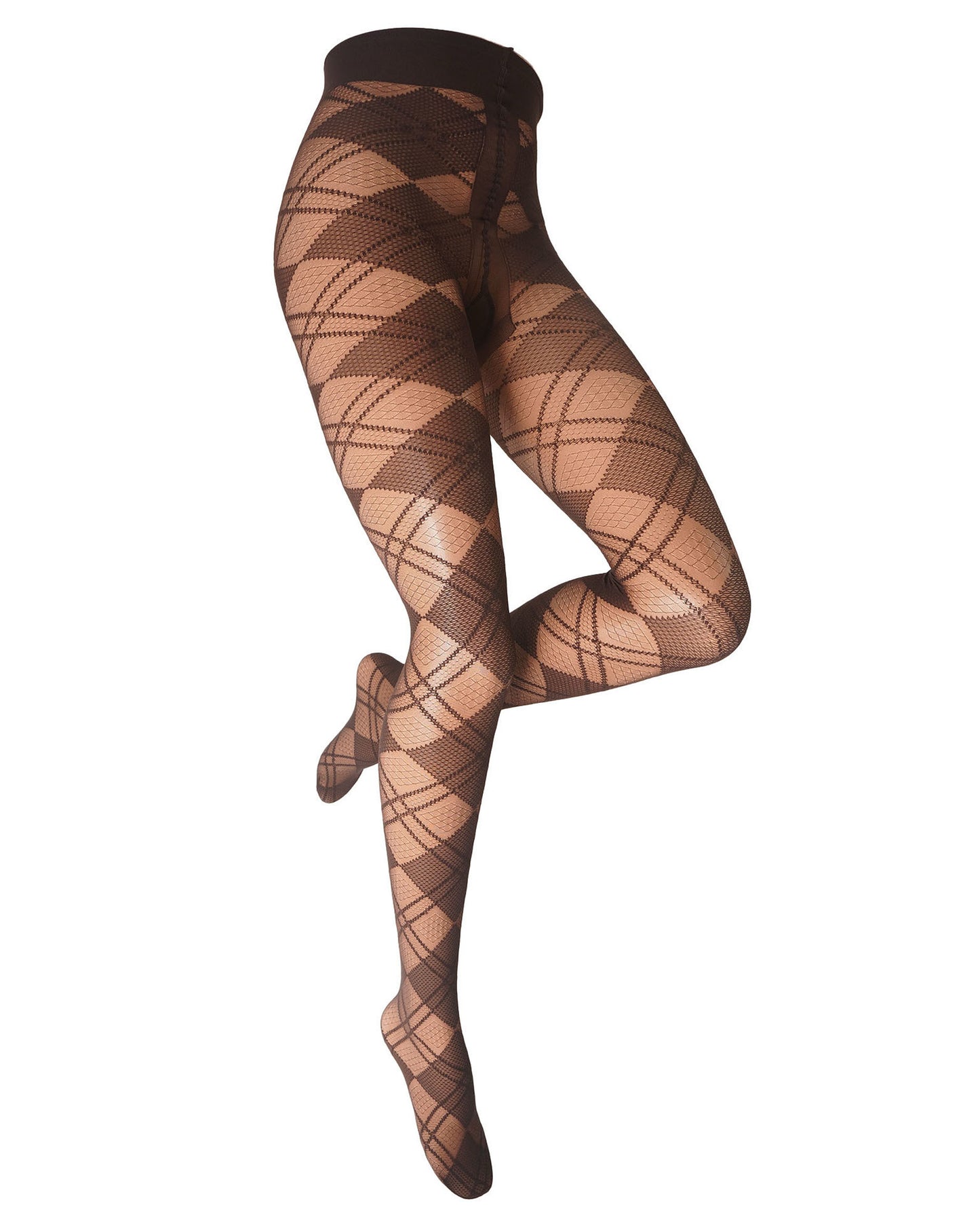 A pair of sheer fishnet tights with a brown argyle pattern, shown on a cropped model leg against a plain white background.