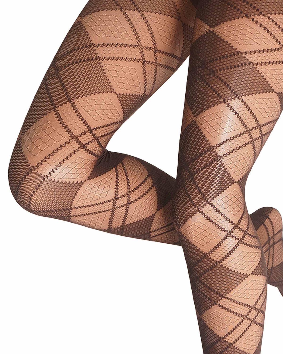 Close-up of a person's legs wearing sheer argyle hosiery in warm brown tones against a plain white background.