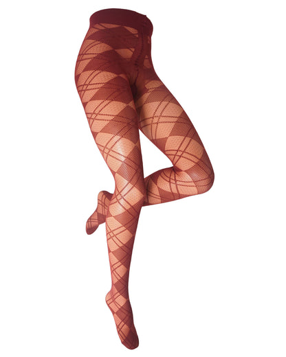Red and maroon argyle patterned fishnet tights shown on a cropped model leg against a white background.