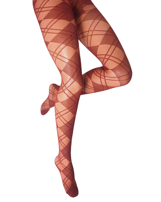 A pair of sheer argyle tights in a deep red/maroon colour, shown on a model's legs against a plain white background.
