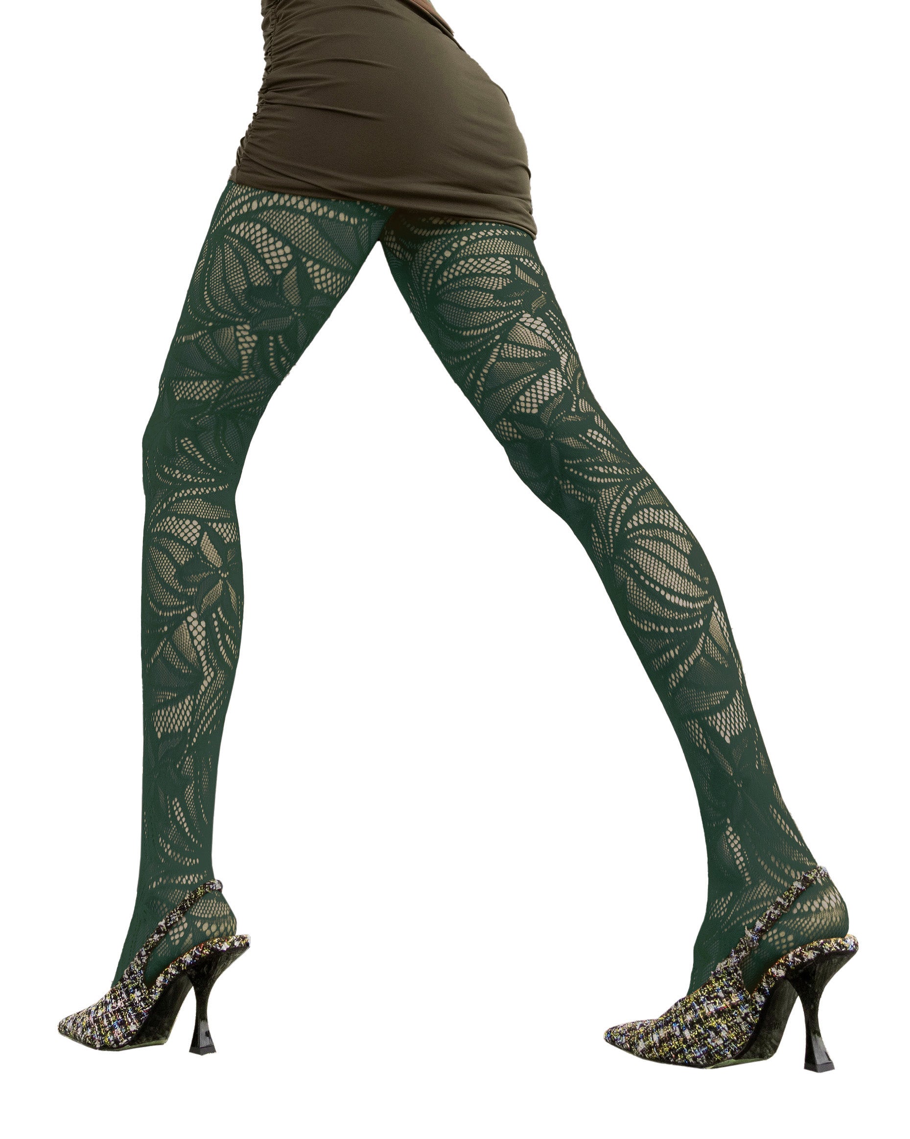 Trasparenze Il Cairo Collant - Dark green (pino) openwork fashion fishnet tights with a wavy floral leaf lace style pattern.