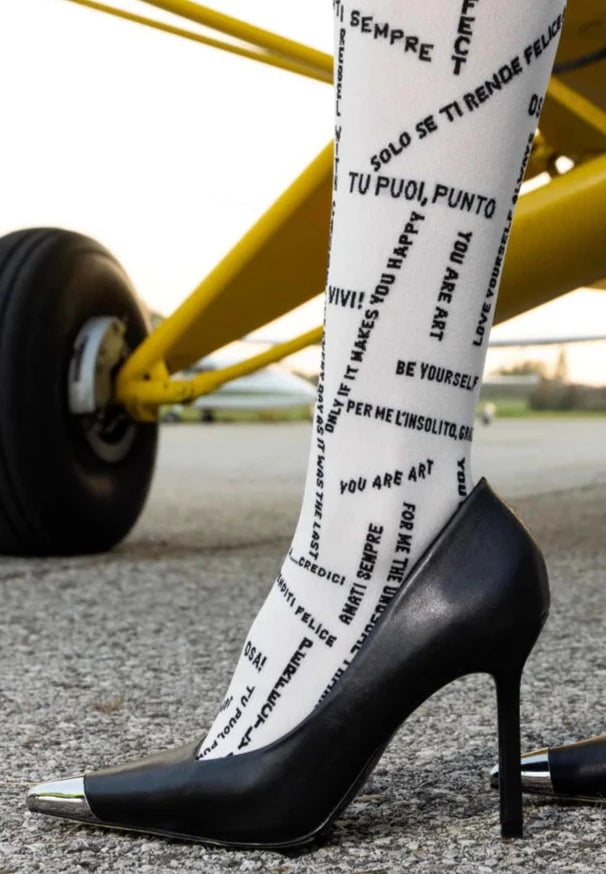 Trasparenze Las Vegas Collant - White opaque fashion tights with slogans and motivational text woven pattern in black.