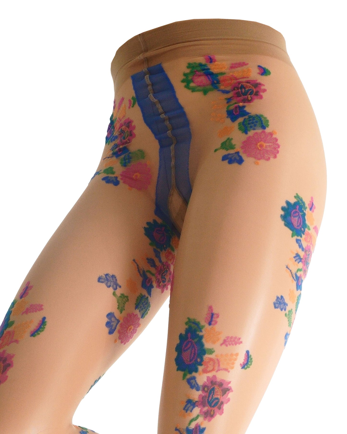 Floral-patterned tights with a blue strap on a white background