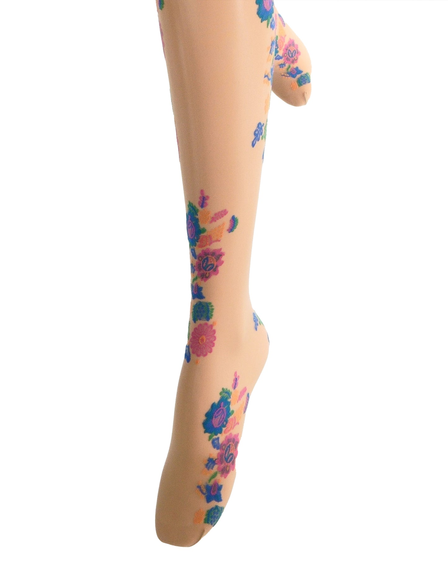 Colorful floral-patterned socks on a white background
