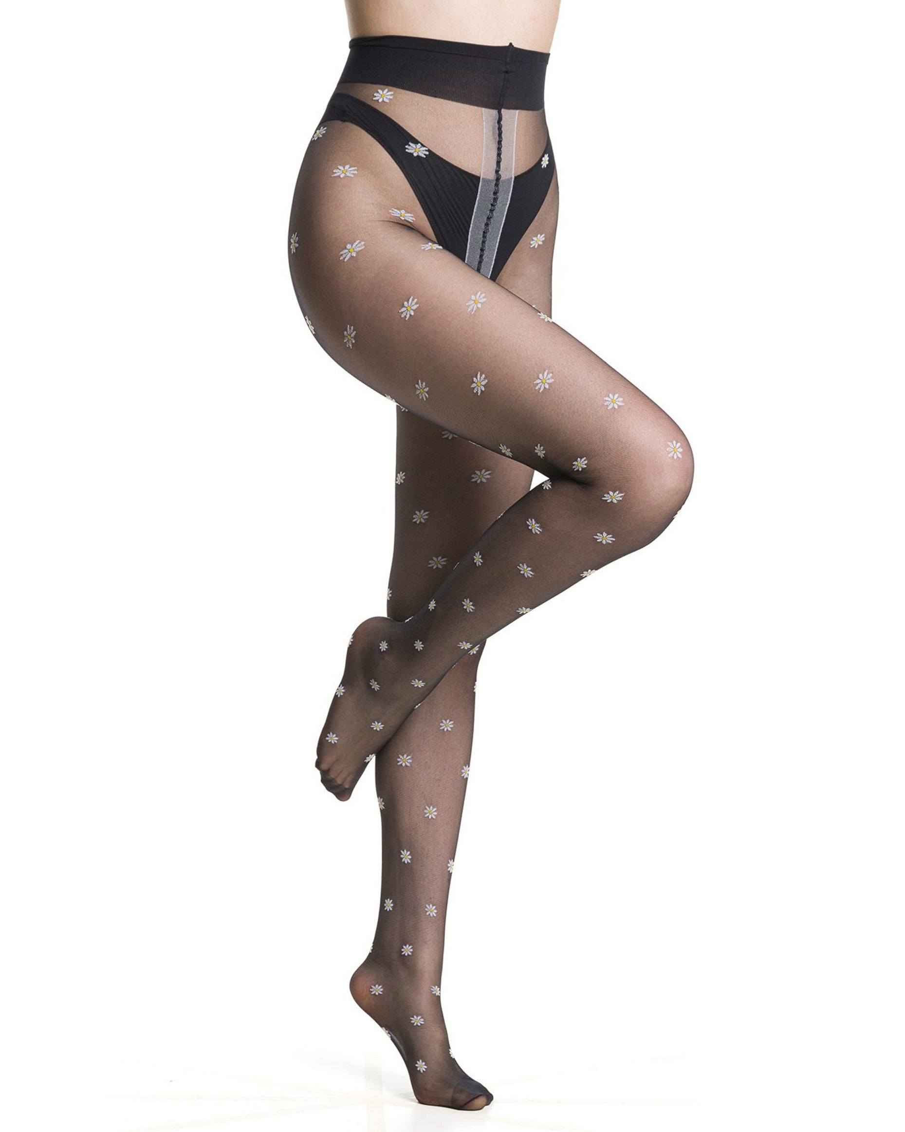 Trasparenze Millibar Collant - Sheer black fashion tights with an all over woven pattern of daisy flowers.