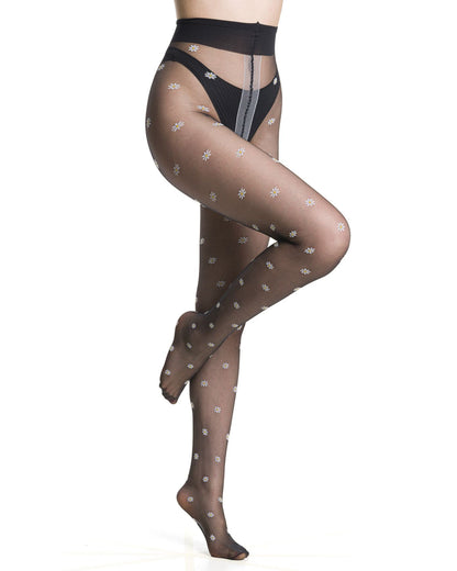 Trasparenze Millibar Collant - Sheer black fashion tights with an all over woven pattern of daisy flowers.