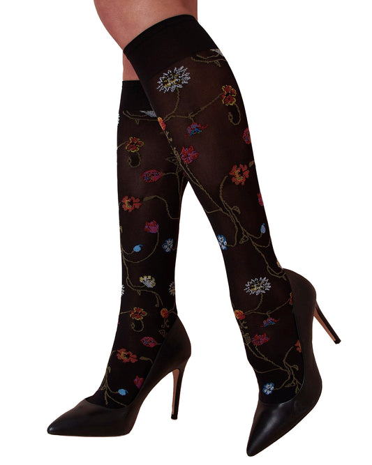 Trasparenze Platino Gambaletto - Black soft opaque fashion knee-high socks with a multicoloured woven flower pattern.