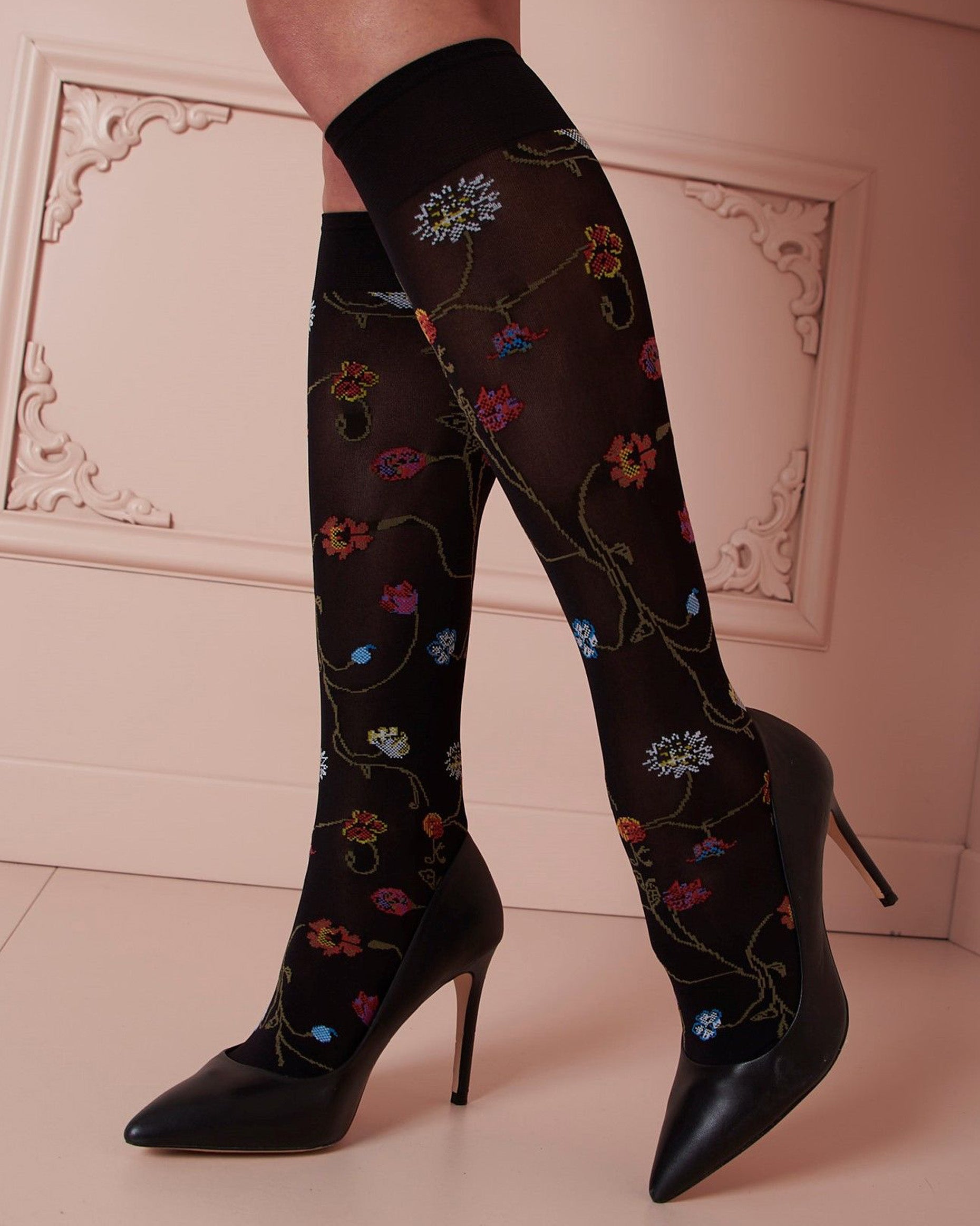 Trasparenze Platino Knee-highs - Black soft opaque fashion knee-high socks with a multicoloured woven floral pattern
