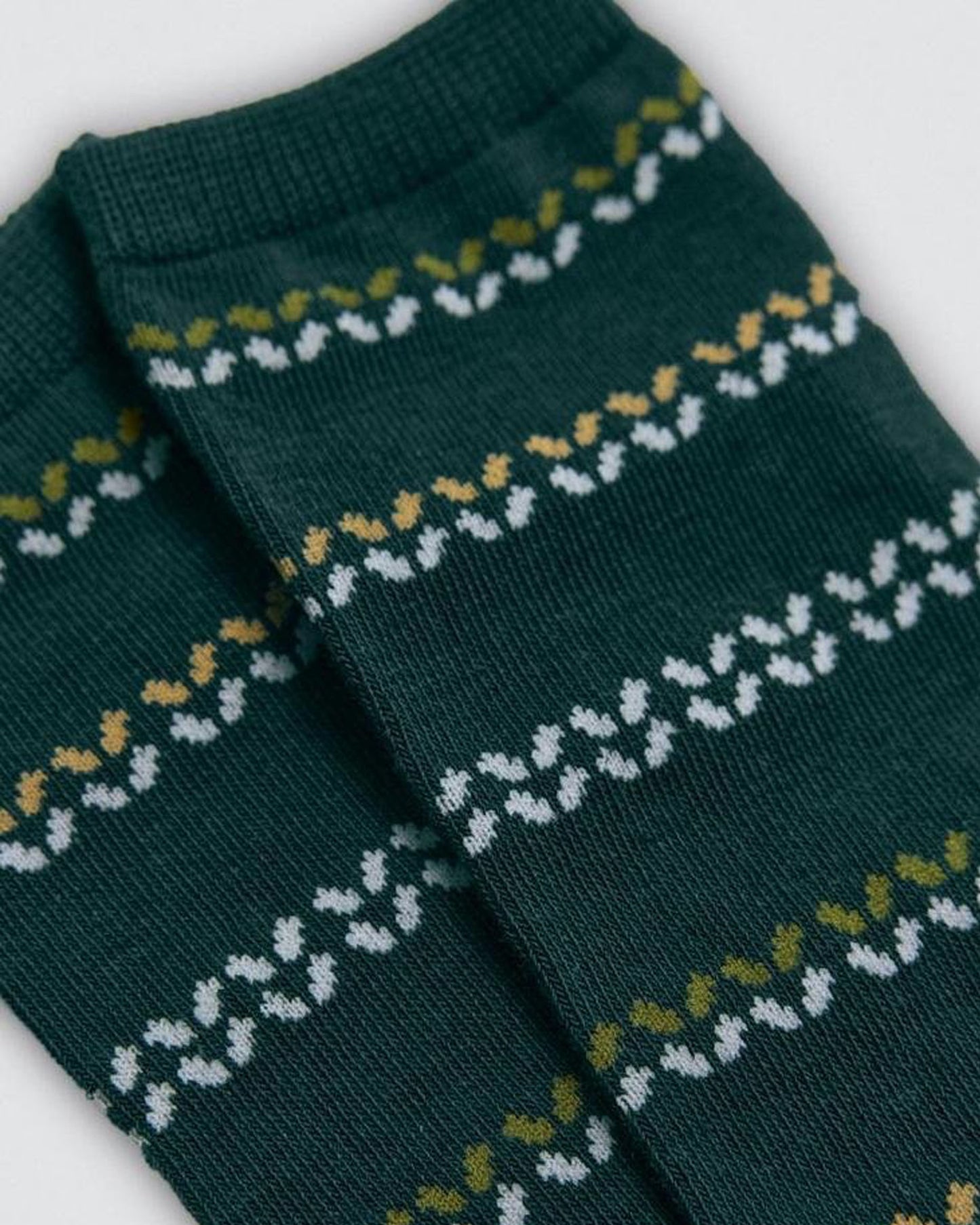 Green socks with a pattern on a white background