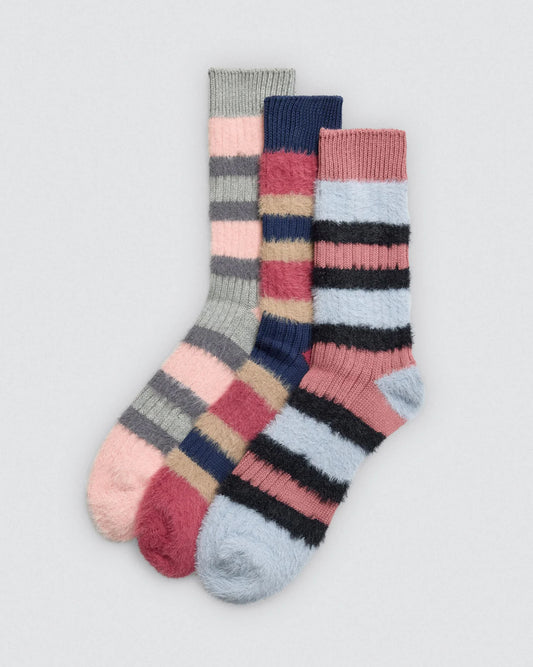 Three pairs of striped socks in pink, blue, and gray on a light gray background