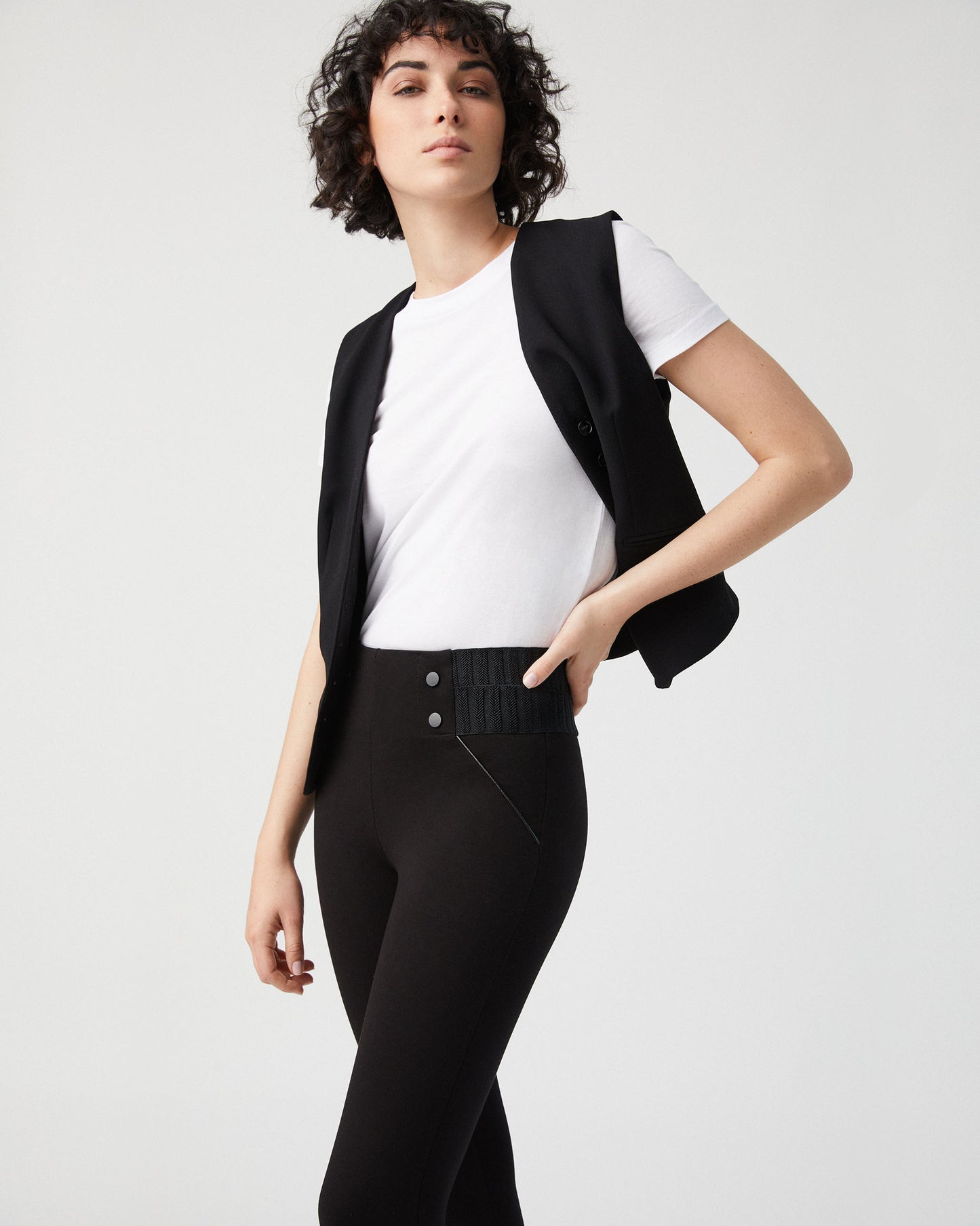 Ysabel Mora 70152 Leggings - High waisted trouser leggings with black faux buttons on the sides and deep ribbed textured elasticated slimming waistband.
