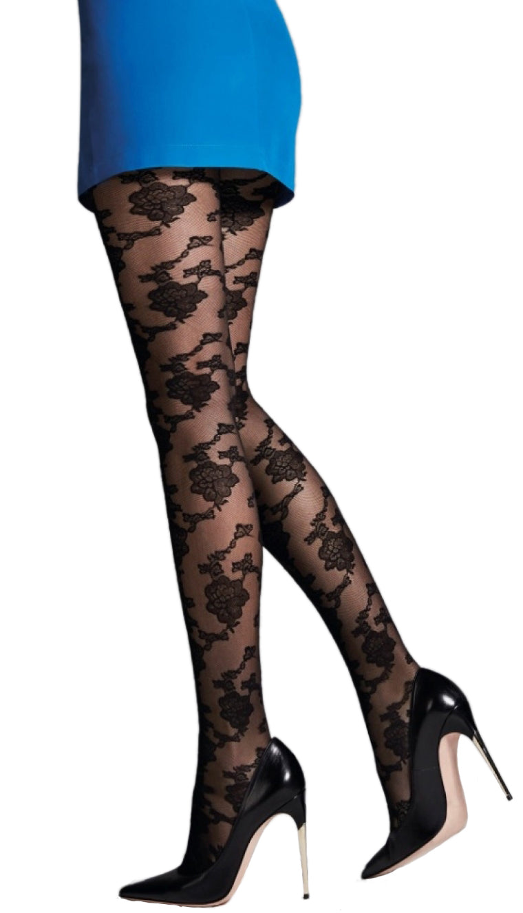 Omsa 3452 Winterlace Collant - floral lace fashion tights in black