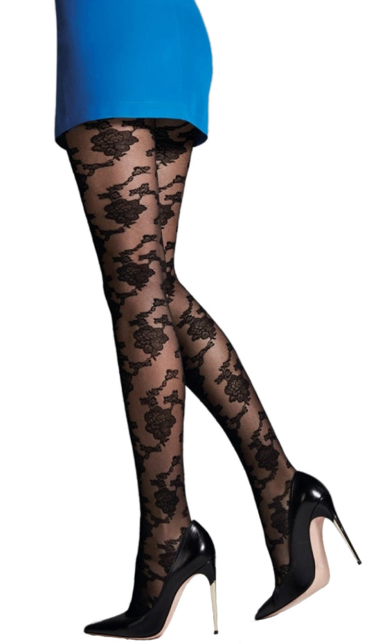 Omsa 3452 Winterlace Collant - floral lace fashion tights in black