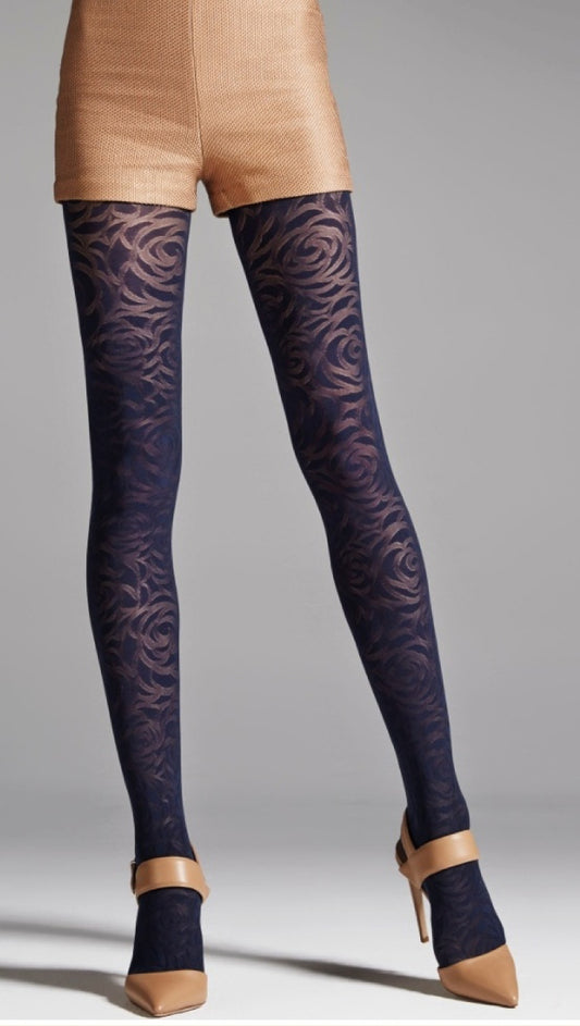 Omsa Clutch Collant - navy opaque fashion tights with a sheer abstract rose pattern, hygenic gusset, flat seams and deep comfort waist band.