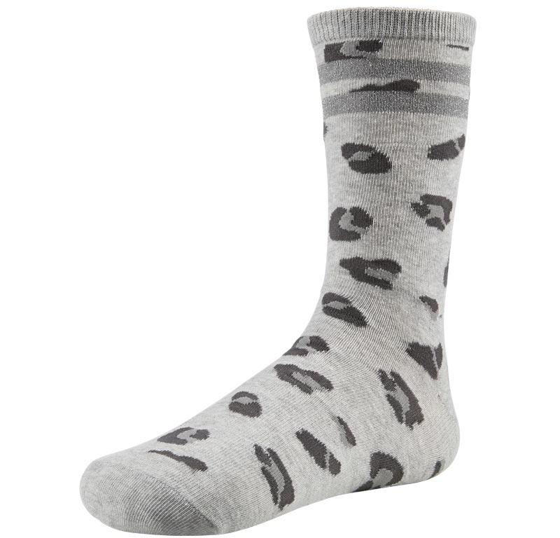 Ysabel Mora 12658 Grey Animal Pattern Cotton Socks with leopard print and silver glitter sport striped cuff