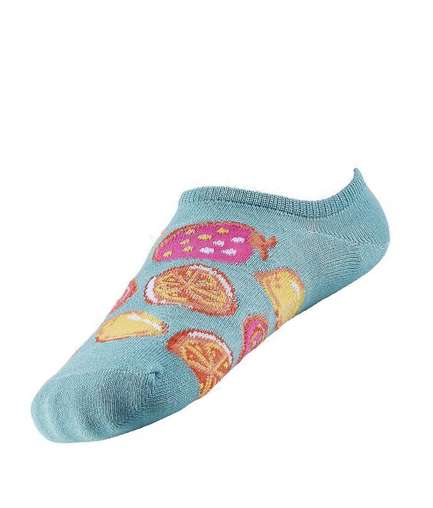 Ysabel Mora Fruit Low Sock - Light blue low ankle cotton sneaker no show socks with a multicoloured fruit pattern in shades of pink, yellow and orange.
