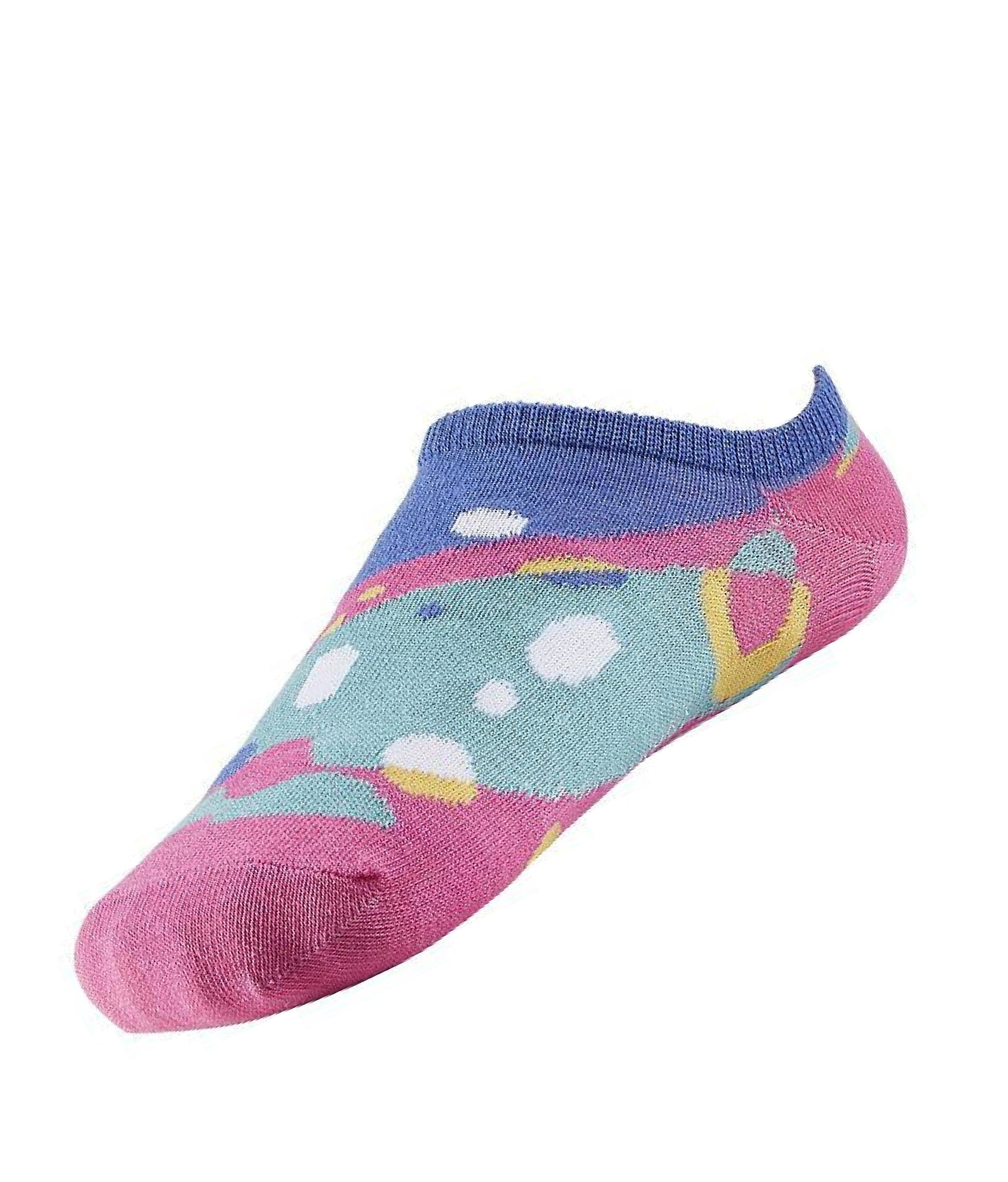 Ysabel Mora Marbled Low Sock - Multicoloured low ankle cotton sneaker no show socks with a marbled lava lamp bubble style pattern in purple, pink, mint green, yellow and white.