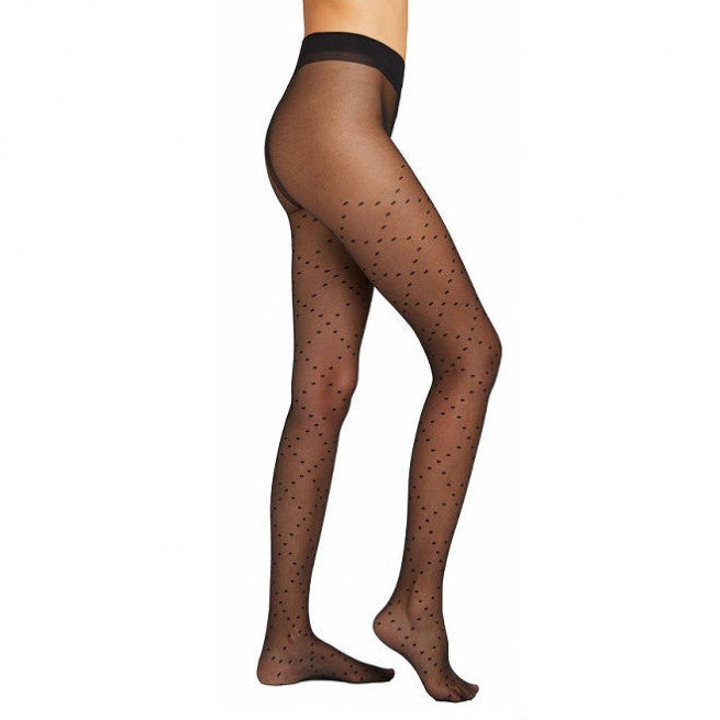 Ysabel Mora 16601 Spotted Diamond Tights - Sheer black micro tulle fashion tights with a woven dotted diamond pattern, gusset, flat seams and comfort waistband.