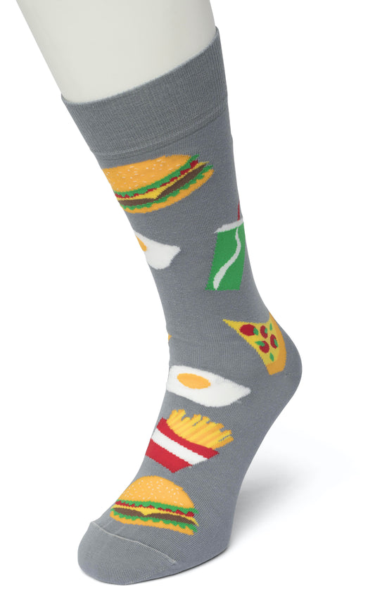 Bonnie Doon Fast Food Sock - Men's grey cotton ankle socks with a fast food takeaway themed pattern of fries, pizza, burgers and fried eggs.