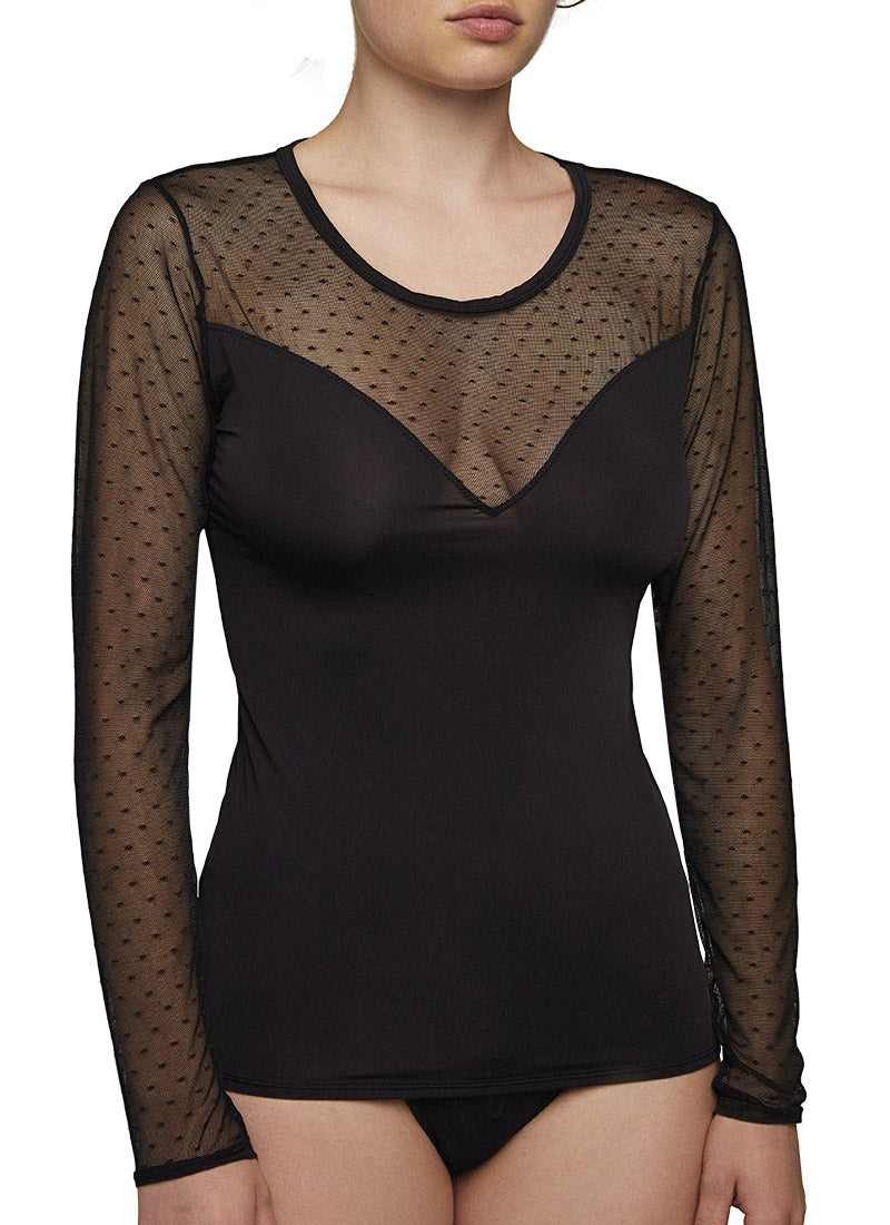 Ysabel Mora 19284 Top Vest - Black sheer tulle long sleeve top with a polka dot pattern, crew neck and built in slinky lycra sweetheart style neck line.