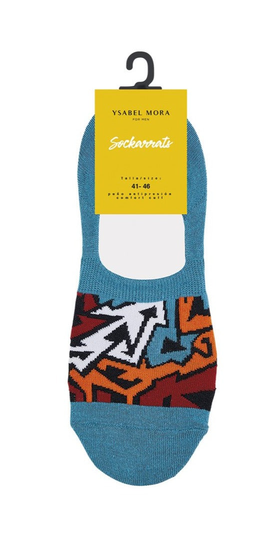 Ysabel Mora Graffiti Low Sock - Turquoise blue low ankle cotton sneaker no show socks with a graffiti style pattern in red, orange and white. This sock has silicone inside the heel to help prevent them from slipping off.