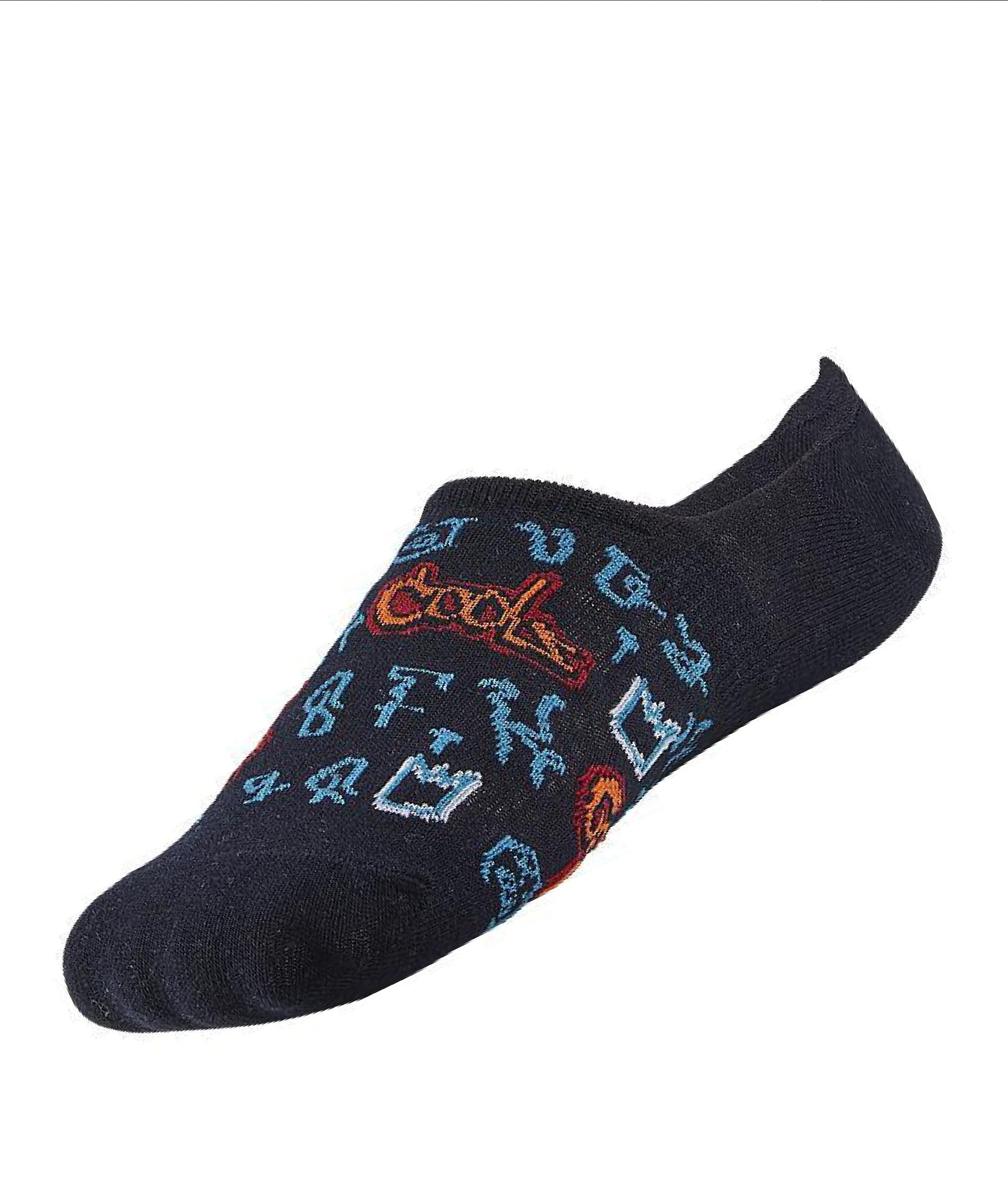 Ysabel Mora Tags Low Sock - Navy low ankle cotton sneaker no show socks with a graffiti tag style pattern in light blue, red and orange. This sock has silicone inside the heel to help prevent them from slipping off.