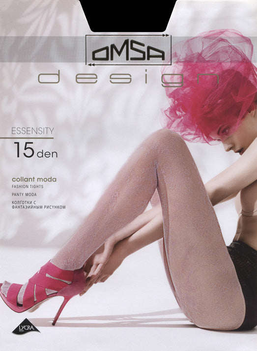 Omsa 3205 Essensity Collant - Sheer fashion tights with an all over floral lace baroque style pattern. Available in black and lilac purple.