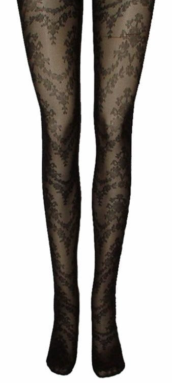 Omsa 3205 Essensity Collant - Sheer fashion tights with an all over floral lace baroque style pattern. Available in black and lilac purple.