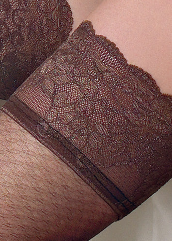 Omsa Scent Autoreggente - Sheer black fashion hold-ups with an enclosed fishnet style pattern and deep luxury floral lace top.