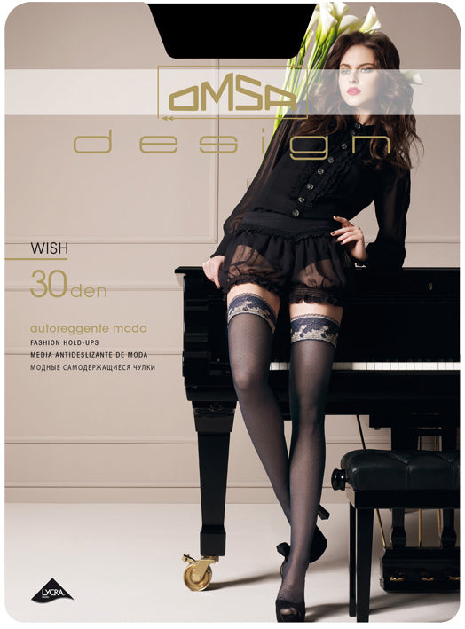 Omsa Wish Autoreggente - Semi Sheer fashion hold-ups with a light fishnet style pattern with tiny dots, floral lace style detail on the foot and luxury lace top with cream embroidery.