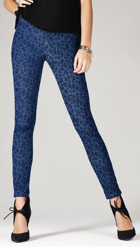 Omsa Jungle Leggings - Denim blue jeggings with a black leopard print pattern.