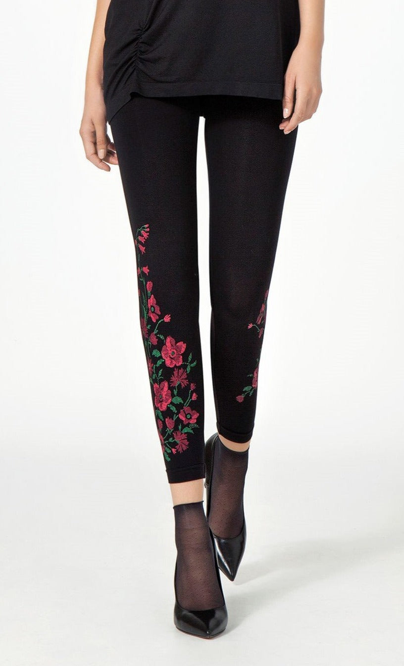 Omsa 3499 Spring Pantacollant - black fashion leggings with a red flower print