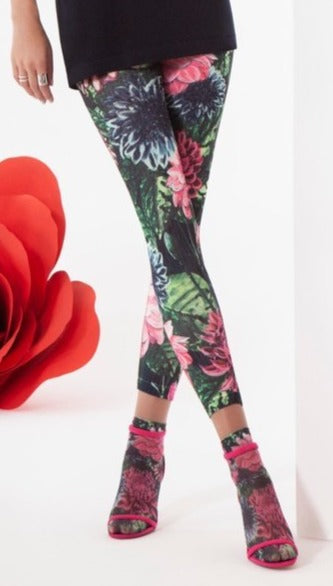 Omsa 3569 Floreale Pantacollant - Multi-coloured floral print leggings in pink, black, green, blue and white