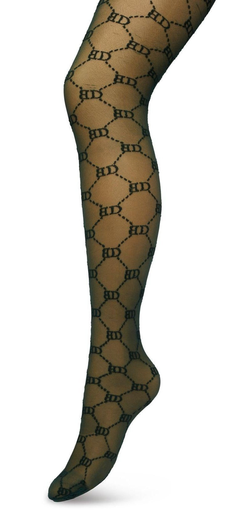 BP221901 Logo Tights - Sheer dark bottle green Gucci inspired fashion tights with a woven dotted diamond style pattern with BD for Bonnie Doon